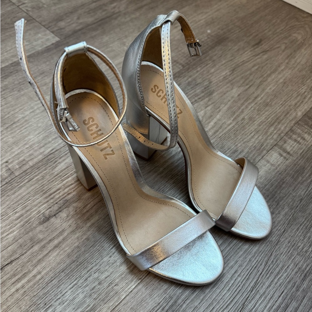 SCHUTZ Metallic Silver Heeled Sandals